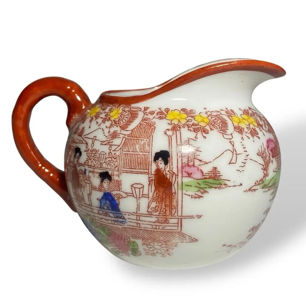 Antique Japanese Kutani Porcelain Tea Set Teapot Sugar Bowl Creamer Floral